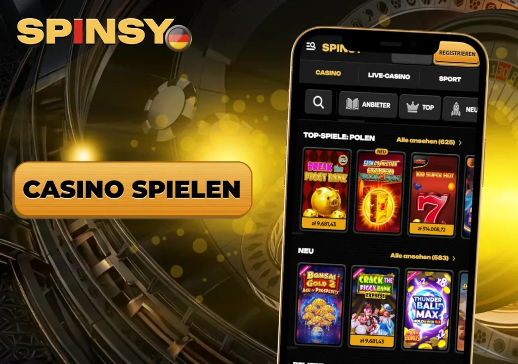 Überblick über den Casinobereich von Spinsy Casino mit Slots und Live-Spielen.
